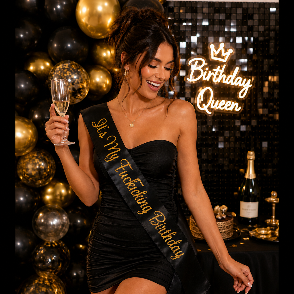 It's My F*cking Birthday Satin Sash – Black or White with Gold Glitter Text